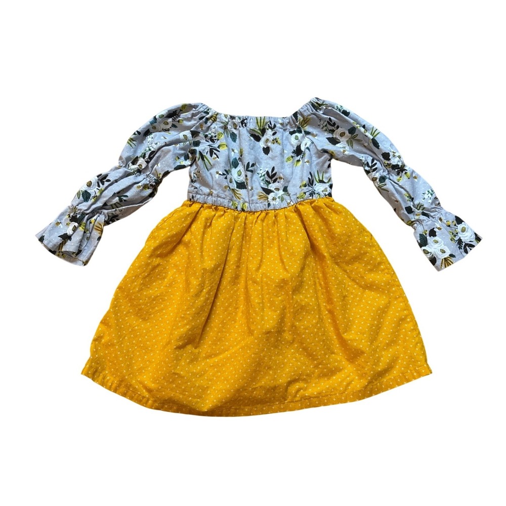 Unbranded Floral Bee Dress Kids Yellow Good Swiss Dot Long Sleeve‎ SIZE 3T